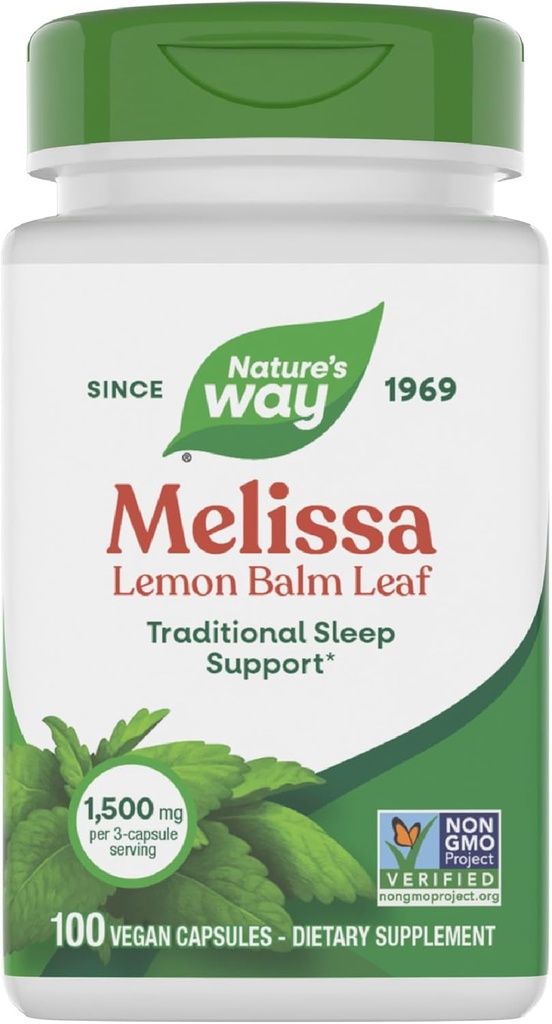 Nature's Way Melissa Lemon Balm Leaf, Traditional Sleep Support*, Melatonin Free, 1500 mg per 3-Capsule Serving, Non-GMO Project Verified, 100 Vegan Capsules (Packaging May Vary)