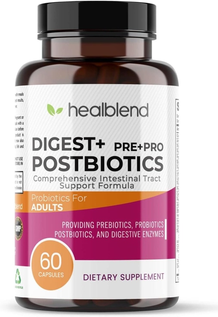 Digest + Postbiotics Supplement for Women and Men, Multi Enzymes, Organic Prebiotic & Probiotic for Digestive Health with Bromeline, Papin and Lipase, Non-GMO, Gluten-Free, 60 Vegetarian Caps