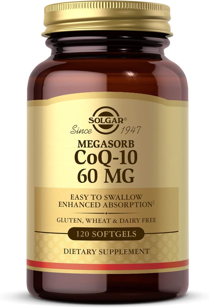 Solgar Megasorb CoQ-10 60 mg, 120 Softgels - Υποστηρίζει την υγεία της καρδιάς και του εγκεφάλου - Συμπλήρωμα συνένζυμου Q10 - Ενισχυμένη απορρόφηση, εύκολο στην κατάποση - Χωρίς γλουτένη, χωρίς γαλακτοκομικά - 120 μερίδες