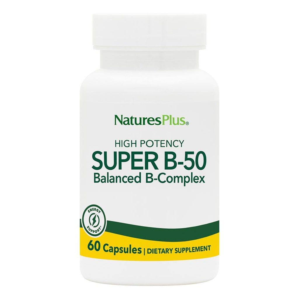 NaturesPlus Super B50-60 Κάψουλες χορτοφαγικής - Υψηλής ισχύος συμπλήρωμα βιταμίνης Β - Εγκέφαλος & Ενέργειες Booster - Χωρίς γλουτένη - 60 Μερίδες