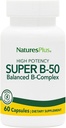 NaturesPlus Super B50-60 Κάψουλες χορτοφαγικής - Υψηλής ισχύος συμπλήρωμα βιταμίνης Β - Εγκέφαλος & Ενέργειες Booster - Χωρίς γλουτένη - 60 Μερίδες