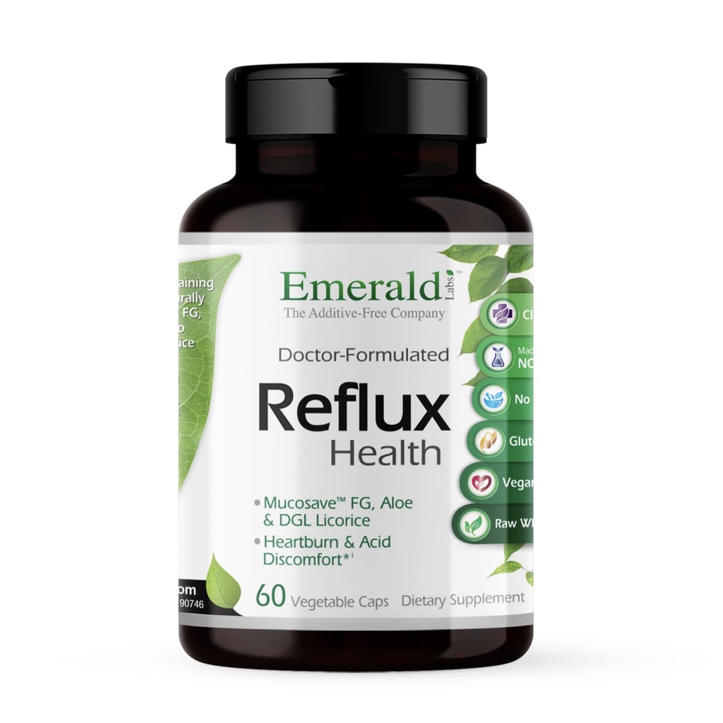 EMERALD LABS Reflux Health - Δυσπεψία & Heartburn Relief με Mucosave FG, DGL, Aloe Vera, Probiotics, Digestive Enzymes & More* - 60 κάψουλες λαχανικών (30-Ημέρα προσφοράς)