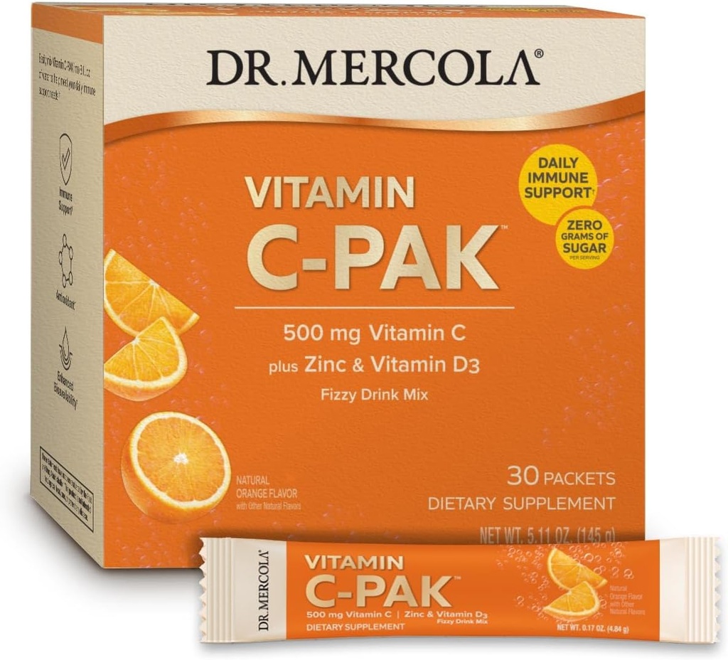 Δρ. Mercola Βιταμίνη C-PAK, 30 Σερβιέτες (30 Πακέτα), Μίγμα Ποτού, 500 mg Βιταμίνης C, με ψευδάργυρο και βιταμίνη D3, Φυσικό Γεύση Πορτοκαλιού, Συμπλήρωμα Διατροφής, Υποστηρίζει Υγιεινή Ανοσολογική Λειτουργία, Μη ΓΤΟ