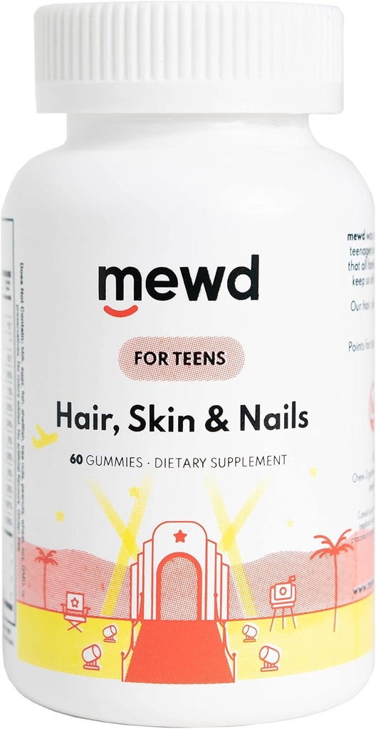 MEWD Teen and Kids Hair, Skin+Nails Daily Multivitamin Gummy Strengener Formula - Μασώμενα συμπληρώματα βιταμίνης με Biotin, Zinc, Vitamins A, B, & D3 για Κορίτσια & Αγόρια, 60, Made in USA