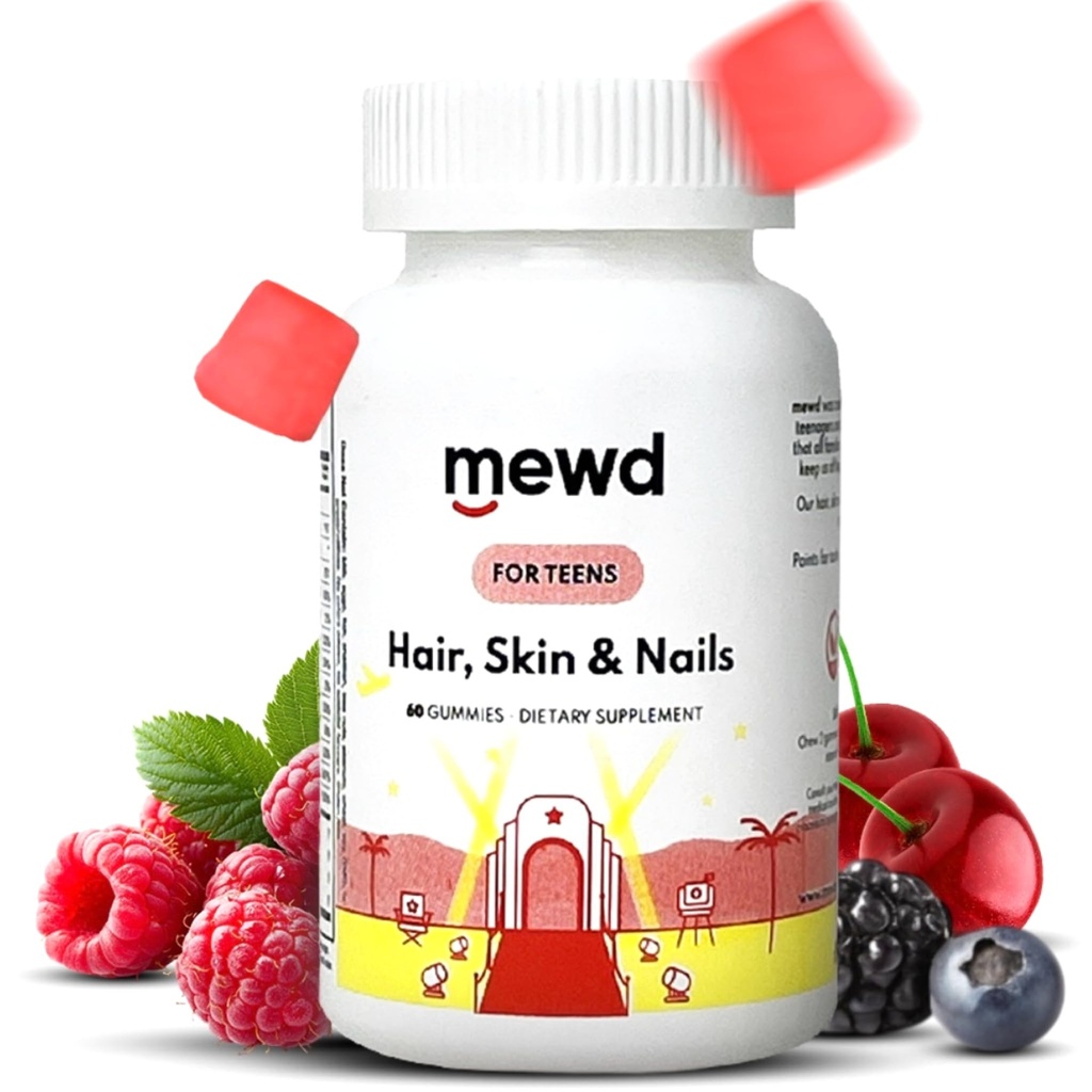 MEWD Teen and Kids Hair, Skin+Nails Daily Multivitamin Gummy Strengener Formula - Μασώμενα συμπληρώματα βιταμίνης με Biotin, Zinc, Vitamins A, B, & D3 για Κορίτσια & Αγόρια, 60, Made in USA
