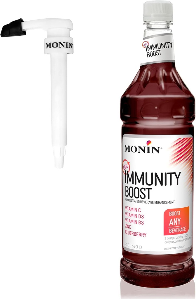 Monin - Total Immunity Boost, Immune Support Supplement, Υγρό μείγμα βιταμινών, Ορυκτών, & Αντιοξειδωτικών, Ανοσοενισχυτική Βιταμίνη C & D + Elderberry, Για όλα τα ποτά, Χαμηλή θερμίδα (1 Liter + Αντλία)