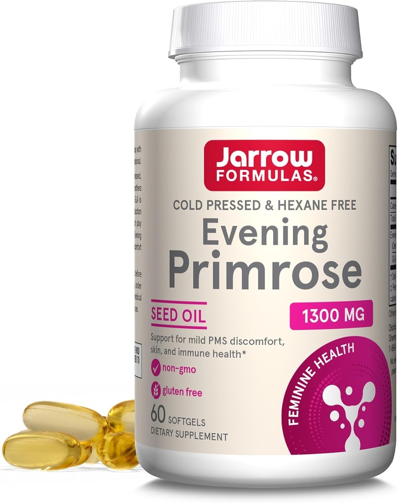 Jarrow Formulas Cold Pressed and Hexane Free Evening Primrose, Dietary Supplement, Feminine Health, Support for Skin and Immune Health, 60 Softgels, Up to a 60 Day Supply