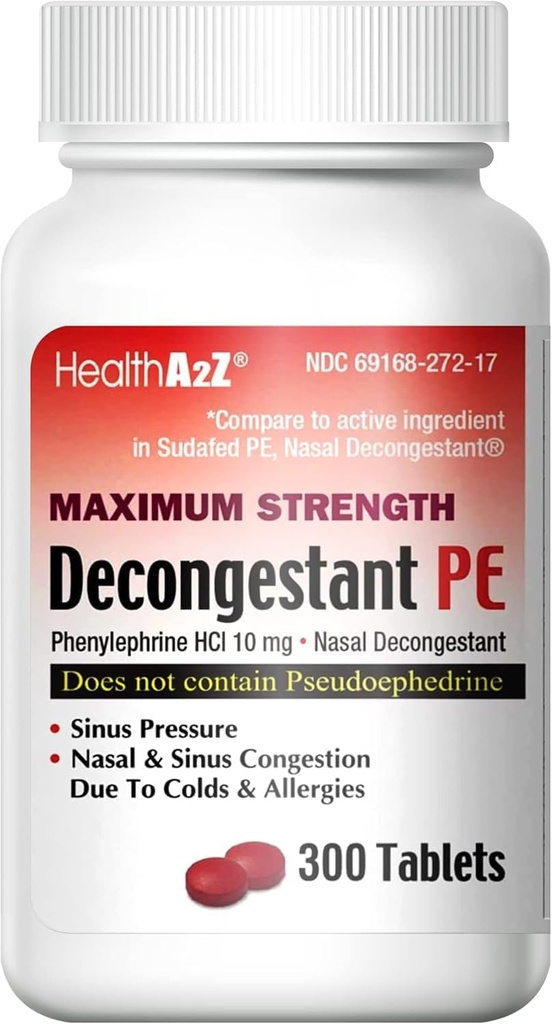 HealthA2Z® Decongestant PE | Phenylephrine HCl 10 mg | Maximum Strength | Nasal & Sinus Congestion Relief Due to Cold & Allergies (300 Count (Pack of 1))