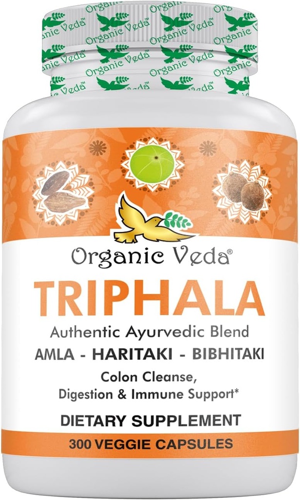 Organic Veda Triphala Powder 300 Κάψουλες, 1000mg - Organic Triphala Supplement for Colon Cleanse, Immune, Gut & Digestion Health - Whole Green Antioxidants Amla, Haritaki & Bibhitaki - Vegan Pills