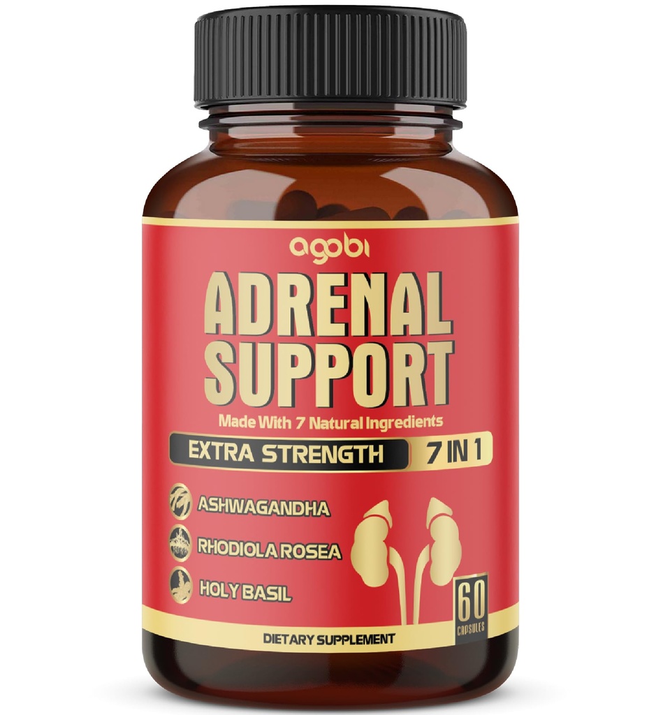 agobi 7in1 Adrenal Support Supplement - Equivalent to Concentrated Ashwagandha, Panax Ginseng, Rhodiola Rosea & More - 60 Capsules 2 Month for Body Balance
