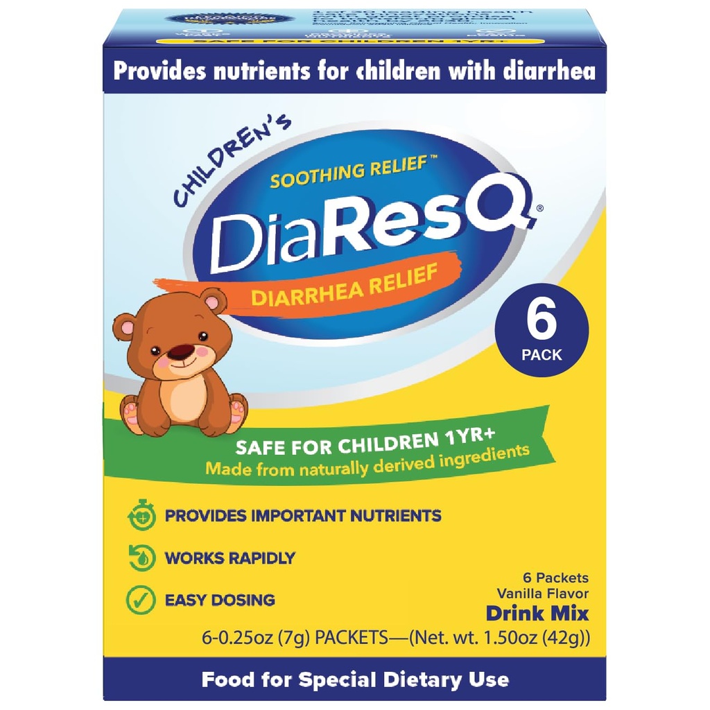 DiaResQ Diarrhea & ανοσοποιητική υποστήριξη Colostrum Drink Mix για τα παιδιά (1+ Years) Συσκευασία των 6, Καταπραϋντική ανακούφιση, βοηθά στην αποκατάσταση της φυσιολογικής εντερικής λειτουργίας, αντιβιοτικό & χωρίς φάρμακα, χωρίς γλουτένη, βανίλια γεύση
