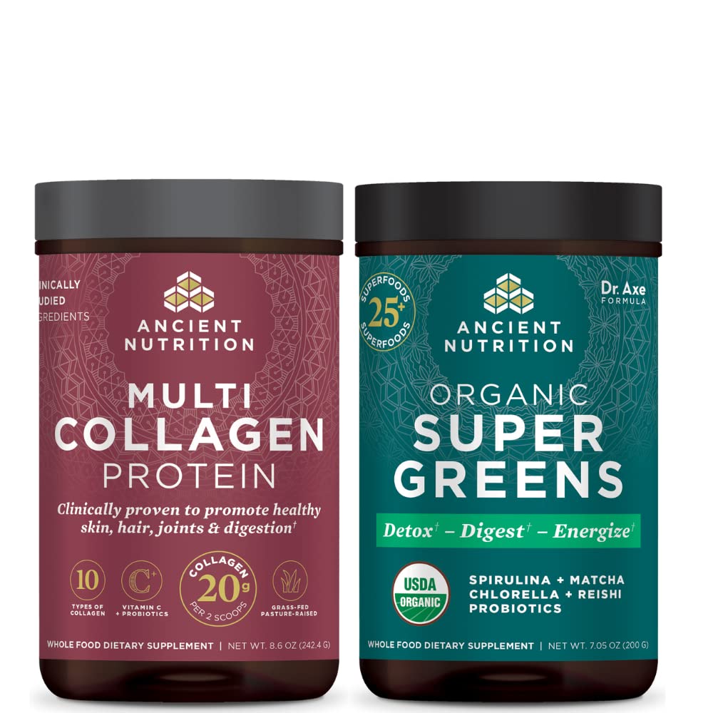 Αρχαία διατροφή Multi Collagen Protein Powder, Άγευστη, 24 σέρβις + Supergreens Powder, Greens Flavor, 25 σέρβις