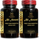 L-LYSINE 1000 mg Free Form Amino Acid Essential - Υγιεινή Υποστήριξη Ιστού, L-Lysine 1000 mg, Συμπλήρωμα Διατροφής, Amino Acid for Protein Synthesis, Free Form Amino Acid - 2 Φιάλες 200 Counts