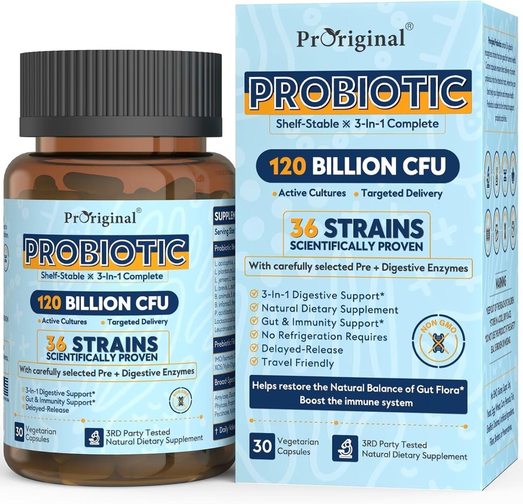 Probiotics for Women & Men 120 Billion CFU with 36 Probiotic Strains for Digestive Health and Gut Health, Delayed Release Capsules, Stomach Acid Resistant, No Need for Refrigeration 30 Capsules