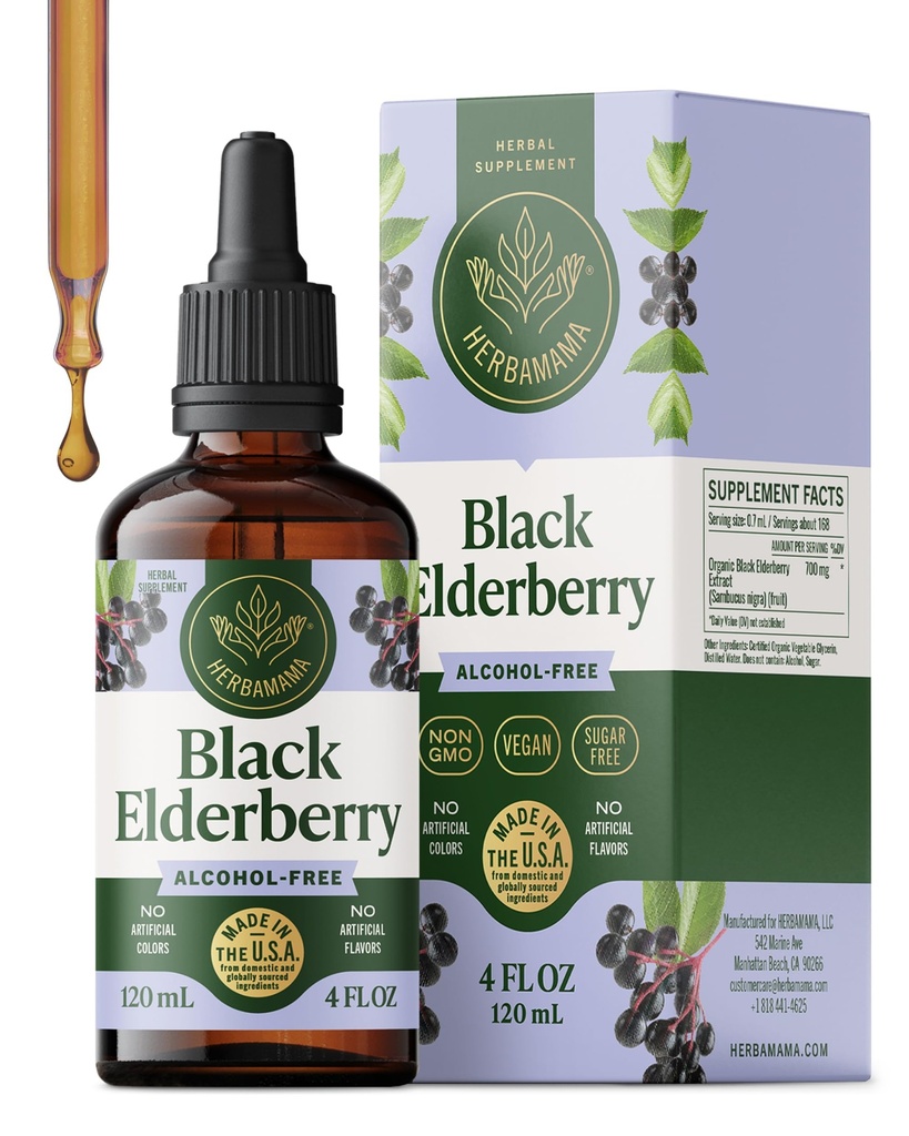 HERBAMAMA Black Elderberry Drops - Vegan Elderberry Liquid Extract for Immune Support - Non-GMO, Alcohol & Sugar-Free Immunity Supplement, 42-Day Supply