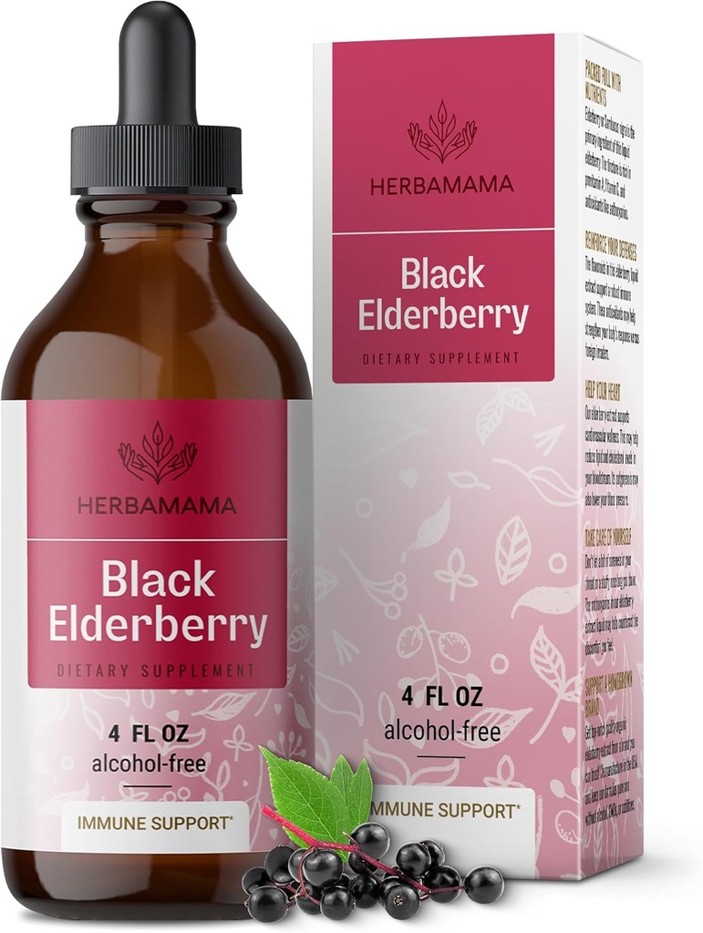 HERBAMAMA Black Elderberry Drops - Vegan Elderberry Liquid Extract for Immune Support - Non-GMO, Alcohol & Sugar-Free Immunity Supplement, 42-Day Supply