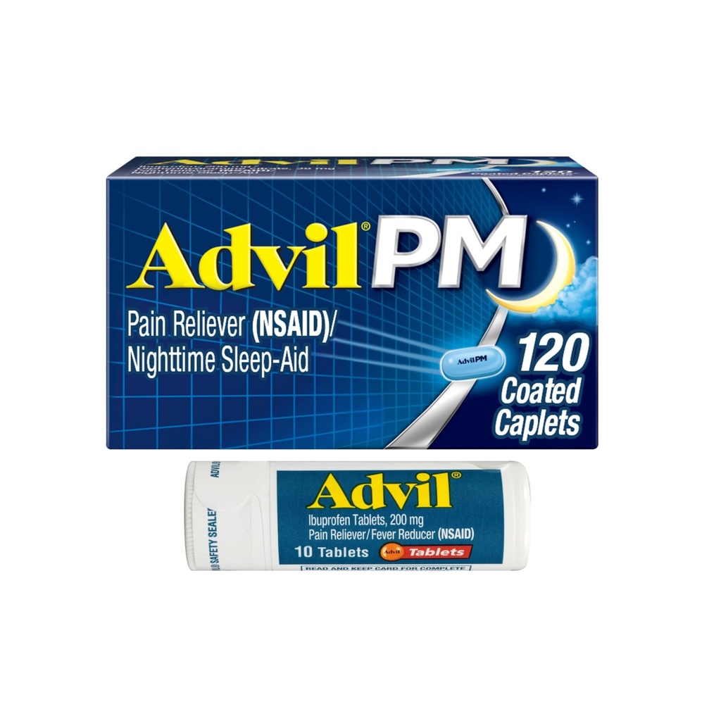Advil PM Pain Reliever and Nighttime Sleep Aid, Ibuprofen for Pain Relief and Diphenhydramine Citrate for a Sleep Aid - 120 Coated Caplets and Pain Reliever and Fever Reucer, 10 Count Tablets