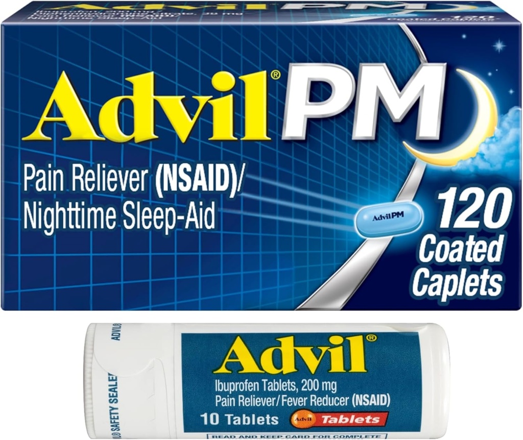 Advil PM Pain Reliever and Nighttime Sleep Aid, Ibuprofen for Pain Relief and Diphenhydramine Citrate for a Sleep Aid - 120 Coated Caplets and Pain Reliever and Fever Reucer, 10 Count Tablets