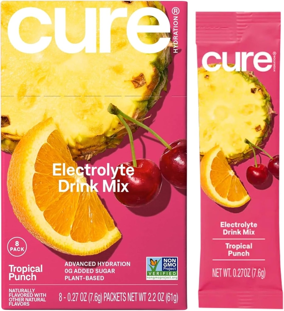 Cure Hydration | Plant-Based Electrolyte Drink Mix | No Added Sugar | Dehydration Relief Powder Made with Coconut Water | Non-GMO | Vegan | Box of 8 Packets - Tropical Punch