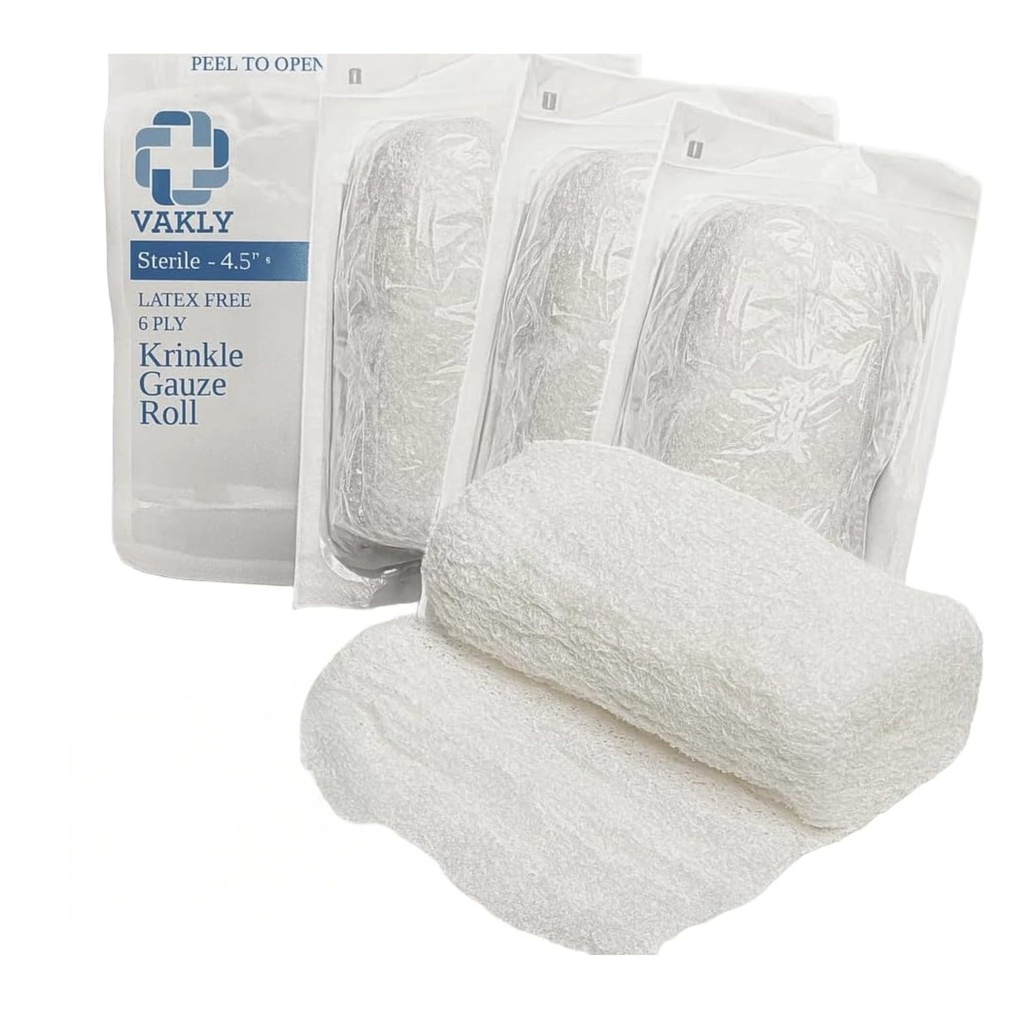Vakly Sterile Kerlix Gauze Bandage Rolls 4.5" x 4.1 yds (5 Pack) – 6-Ply 100% Cotton Krinkle Gauze, Highly Absorbent Fluff Bandage Wrap, Individually Wrapped