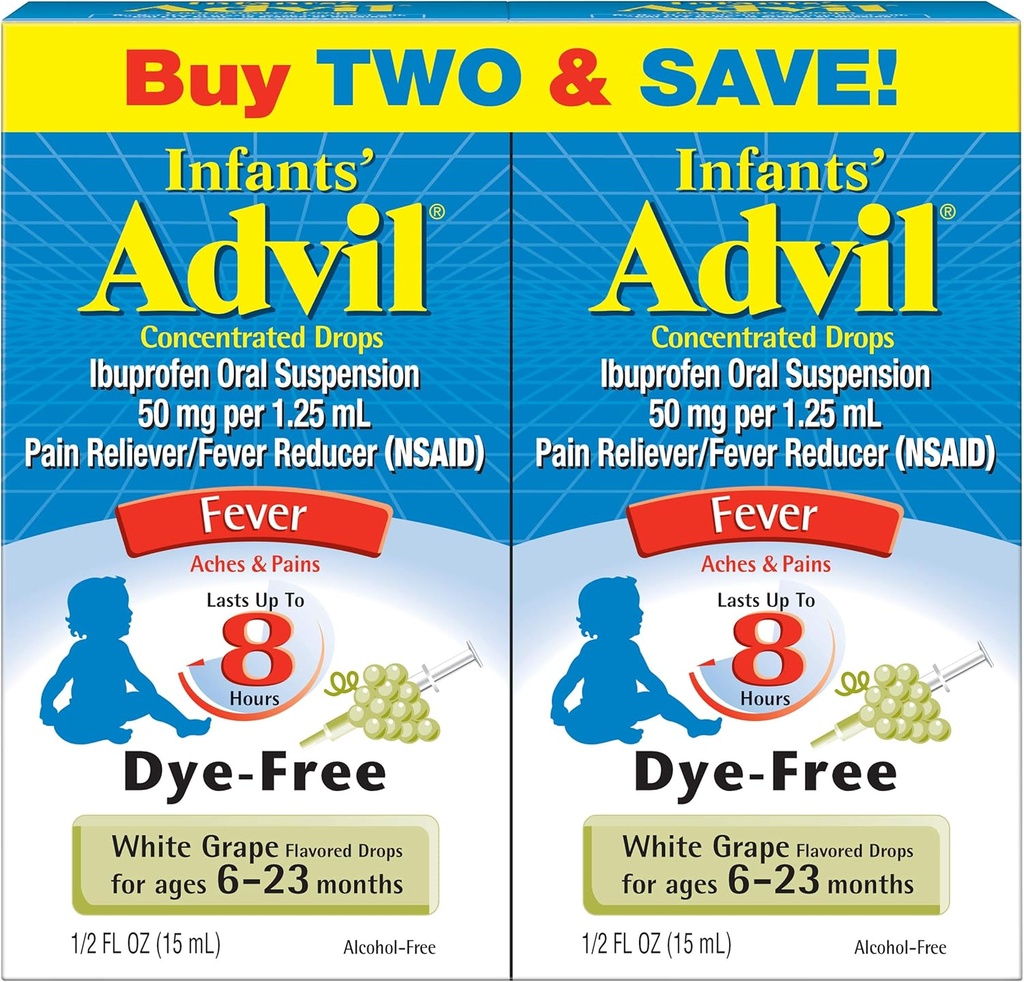 Advil Infants' Fever Reducer/Pain Reliever Dye-Free, 50mg Ibuprofen Συμπυκνωμένες σταγόνες (Λευκό Σταφύλι Γεύση, 0,5 fl. oz. Φιάλη, συσκευασία των 2)