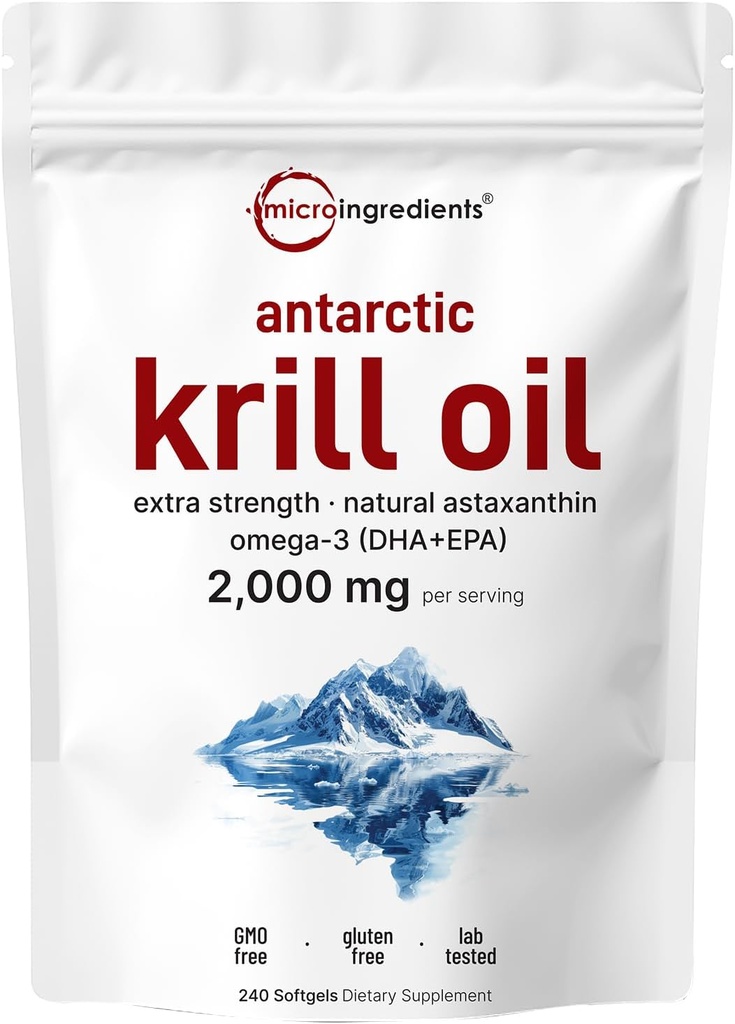 Micro Ingredients Antarctic Krill Oil Supplement, 2,000mg Per Serving, 240 Softgels, Triple Strength, Rich in Omega-3s EPA, DHA & Natural Astaxanthin, Supports Immune System & Brain Health