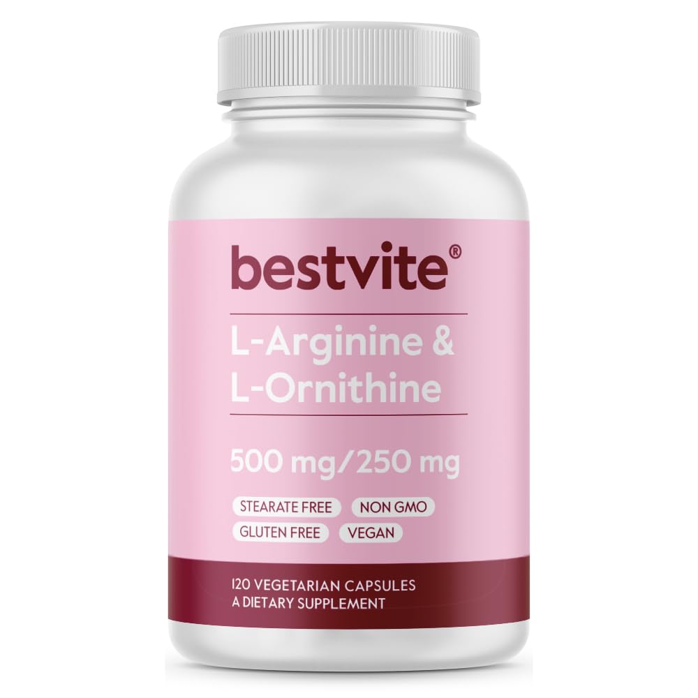 BESTVITE L-αργινίνη L-Ορνιθίνη 500-250 (120 κάψουλες χορτοφάγων) - Δεν Stearates - Όχι πληρωτικά - Vegan - Μη ΓΤΟ - Χωρίς γλουτένη - Όχι πυριτικό ασβέστιο