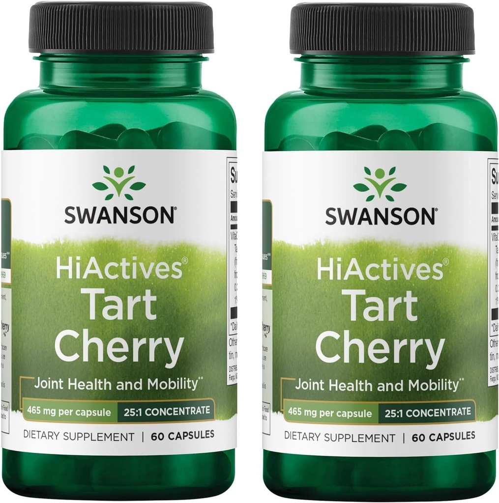 Swanson HiActives Tart Cherry - Φυσικό συμπλήρωμα υποστήριξης κοινής υγείας, κινητικότητας & ευελιξίας - Βοηθά στην ενίσχυση των δομών κολλαγόνου & συνδετικού ιστού - (60 κάψουλες, 465mg το καθένα) (2 Pack)