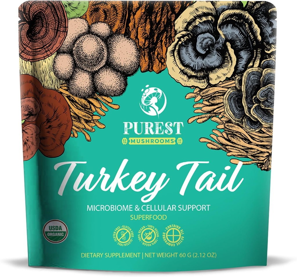 Turkey Tail Powder - Βιολογικό συμπλήρωμα μανιταριών με ισχυρό εκχύλισμα μανιταριών ουράς Τουρκίας για μικροβιόμετρα & κυτταρική υποστήριξη 60g