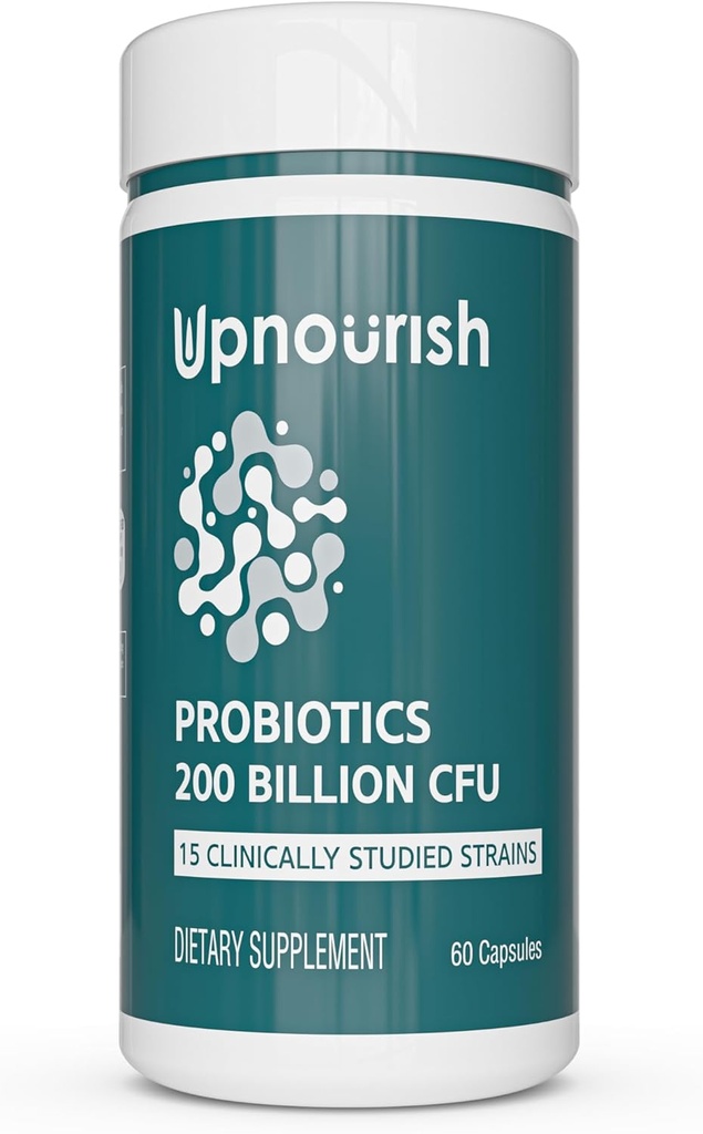 UpNourish Probiotics - 200 δισεκατομμύρια CFUs για άνδρες και γυναίκες, 15 Κλινικά Σπουδασμένα Στελέχη, Πρεβιοτικά & Ένζυμα - 60 Κάψουλες Vegan