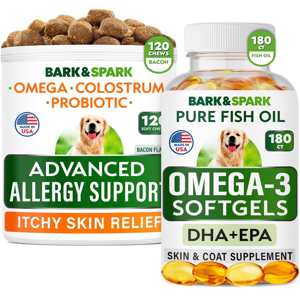 Advanced Dog Allergy + Omega 3 Bundle - Itch Relief - Προβιοτικά w/Fish Oil Omega 3 + EPA&DHA Λιπαρά Οξέα - Αλλεργίες δέρματος + Κοινή Υγεία - 120 μάσημα + 180 Softgels - Μπέικον + Fish Flavor - Made in USA
