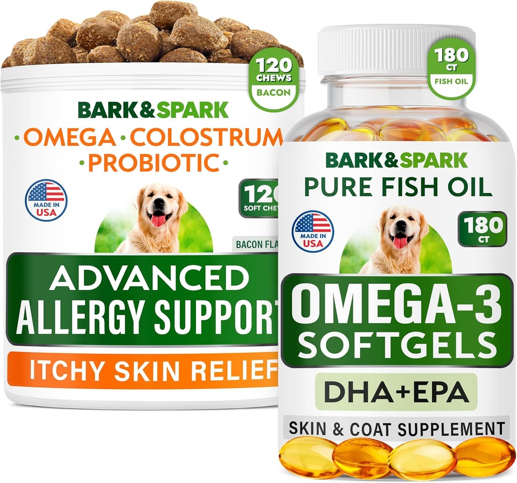 Advanced Dog Allergy + Omega 3 Bundle - Itch Relief - Προβιοτικά w/Fish Oil Omega 3 + EPA&DHA Λιπαρά Οξέα - Αλλεργίες δέρματος + Κοινή Υγεία - 120 μάσημα + 180 Softgels - Μπέικον + Fish Flavor - Made in USA
