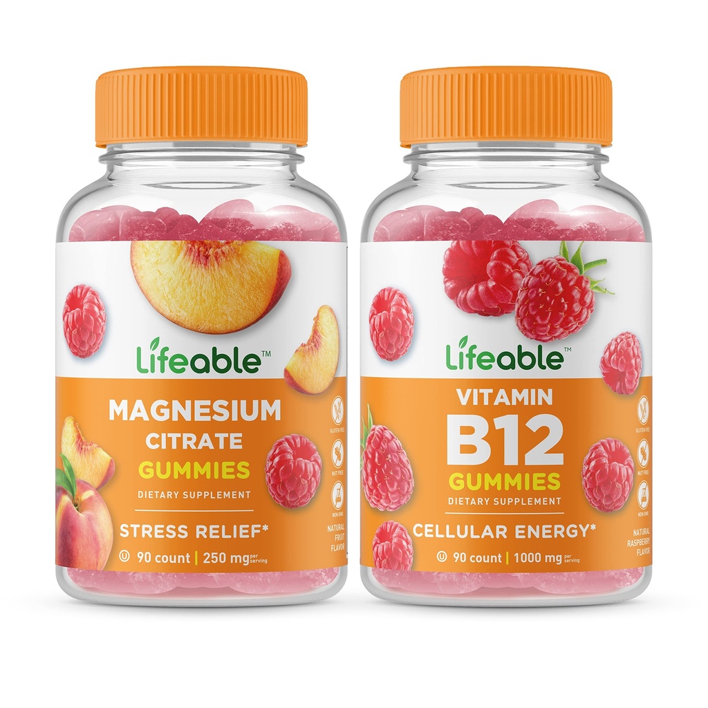 Ζωοποιήσιμο μαγνήσιο 85mg + βιταμίνη B12, Gummies Bundle - Μεγάλη γεύση, συμπλήρωμα βιταμίνης, χωρίς γλουτένη, χωρίς ΓΤΟ, Μασώμενα Gummy