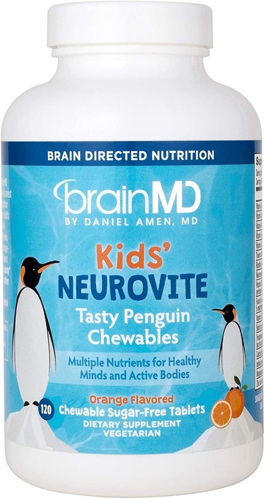 BRAINMD Dr Amen Kids’ NeuroVite, Orange Flavor - 120 Penguin-Shaped Chewables - Multivitamin & Mineral Supplement - Προάγει την υγιή ανάπτυξη και ανάπτυξη - Χωρίς γλουτένη - 60 εξυπηρετήσεις