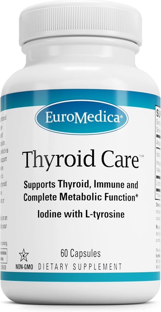 EuroMedica Thyroid Care - Immune Health & Energy Support Formula - Συμπλήρωμα διατροφής με ιώδιο για την υποστήριξη της υγείας του θυρεοειδούς - Συμπλήρωμα ευεξίας με L-Τυροσίνη - 60 κάψουλες