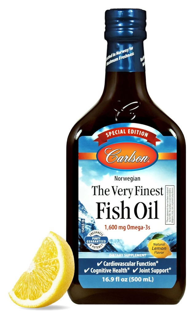 Carlson - The Very Finest Fish Oil, Special Edition, 1600 mg Omega-3s, Liquid Supplement, Norwegian Fish Oil, Wild-Caught, Sustainablely Soured Liquid, Lemon, 500 mL (16.9 Fl Oz)