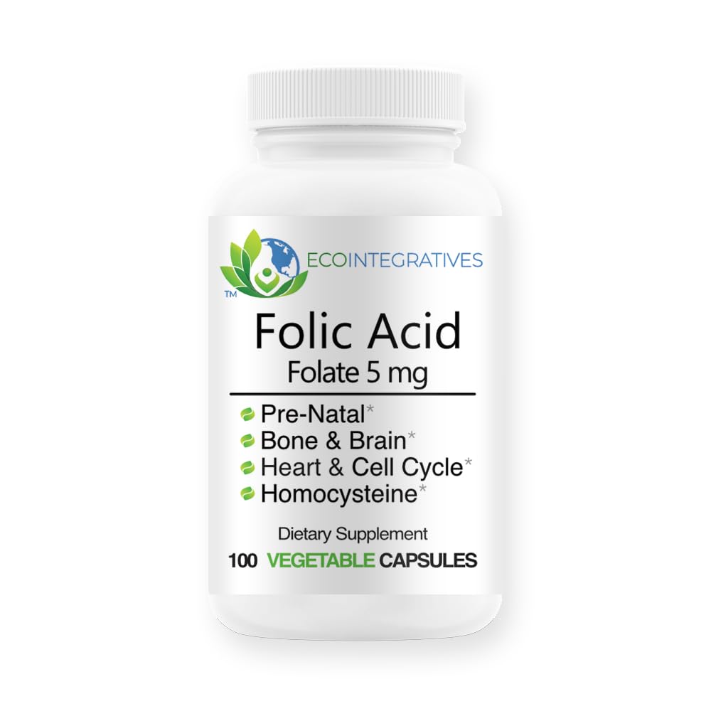 Folic Acid Folate 5mg (B9) Prenatal, Reproductive Health, Homocysteine, Metabolism, Cardiovascular, Bone, Immune Support, Allergen Free, Non GMO - 100 Vegan Capsules