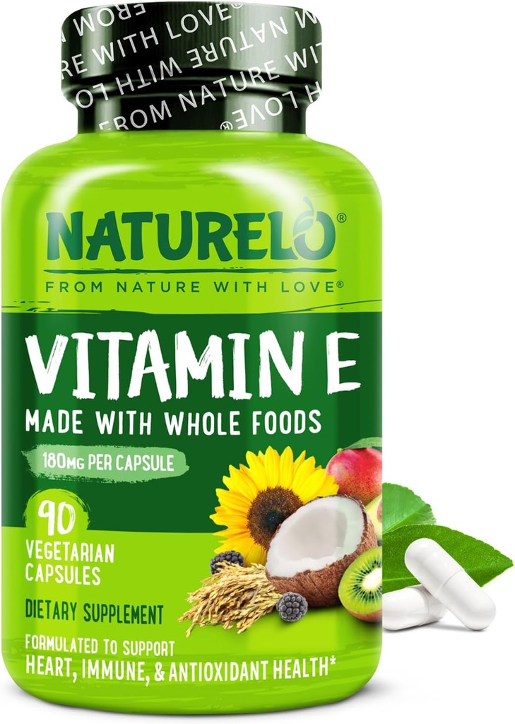 NATURELO Βιταμίνη E - 180 mg (300 IU) Φυσικών Μεικτών Τοκοφερολών από Βιολογικά Ολόκληρα Τρόφιμα - Συμπλήρωμα για Υγιεινό Δέρμα, Μαλλιά, Καρφί, Ανοσοποιητικό & Υγεία των ματιών - Μη ΓΤΟ, Χωρίς Σόγια - 90 Κάψουλες Vegan