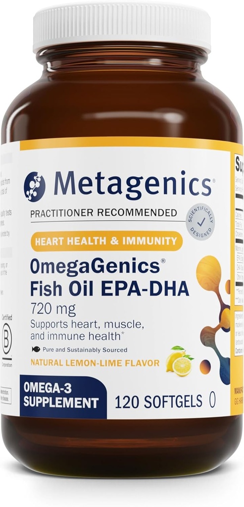Μεταγονική OmegaGenics Fish Oil EPA-DHA 720 mg - Συμπλήρωμα Ωμέγα-3 Fish Oil - Υψηλή ισχύς - για την υγεία της καρδιάς, της μυοσκελετικής υγείας & του ανοσοποιητικού συστήματος * - με DHA & EPA - 120 Softgels