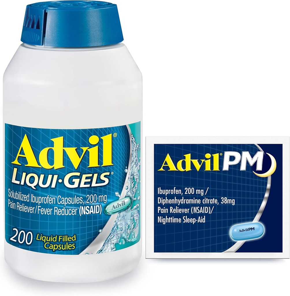 Advil Liqui-Gels Pain Reliever and Fever Reducer, Παυσίπονο για Ενήλικες με Ibuprofen 200mg για Πονοκέφαλο, Οσφυαλγία, Εμμηνορρυσιακός πόνος και Ανακουφισμός Κοινών Πόνων - 200 Κάψουλες, Advil PM Ibuprofen - 2 Ct