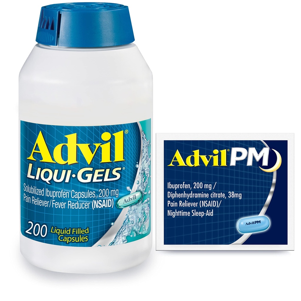 Advil Liqui-Gels Pain Reliever and Fever Reducer, Παυσίπονο για Ενήλικες με Ibuprofen 200mg για Πονοκέφαλο, Οσφυαλγία, Εμμηνορρυσιακός πόνος και Ανακουφισμός Κοινών Πόνων - 200 Κάψουλες, Advil PM Ibuprofen - 2 Ct
