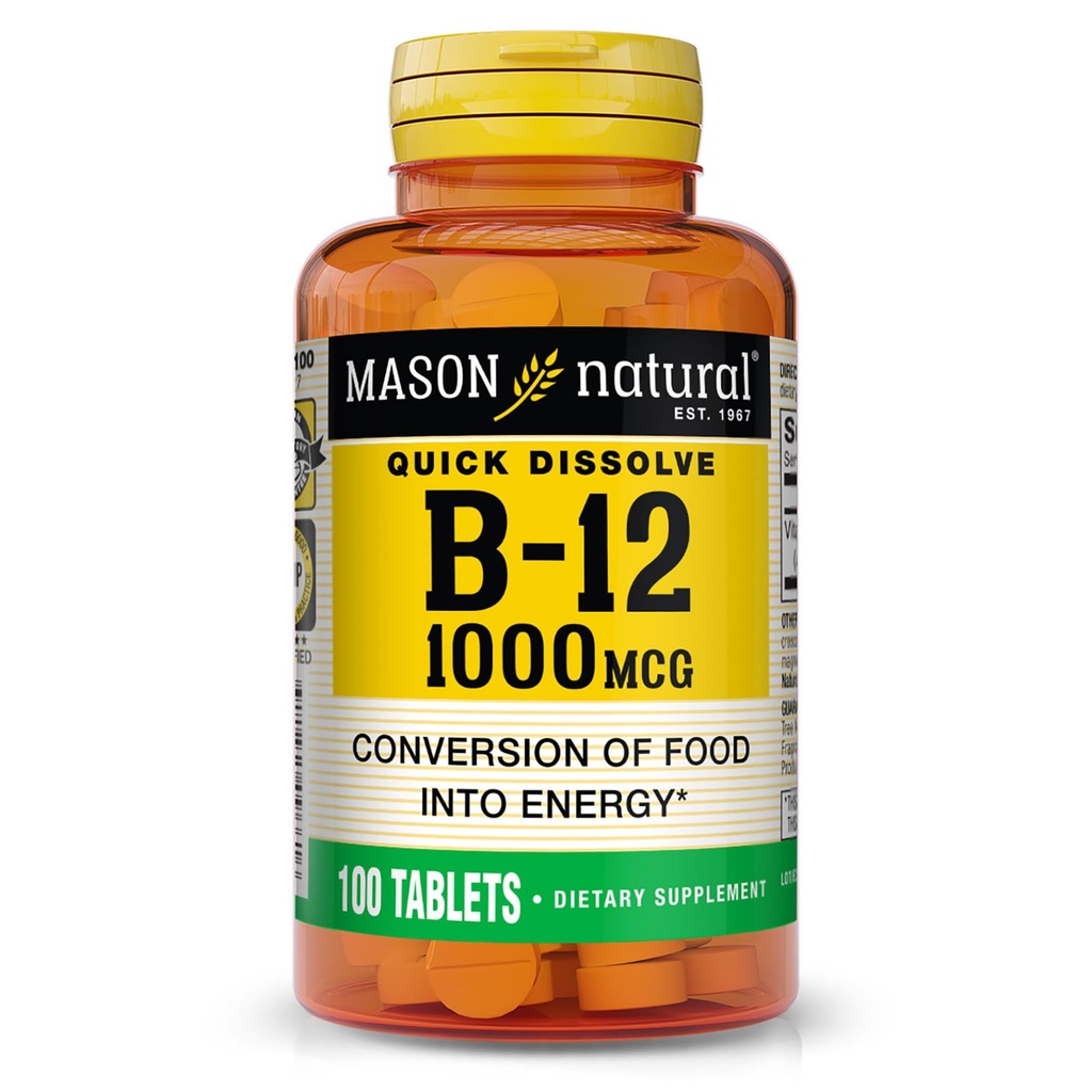 MASON NATURAL Vitamin B12, 1000 mcg Quick Dissolve Tablets, Fast Absorption B Complex to Support Normal Energy and Nerve Function, 100 Tablets