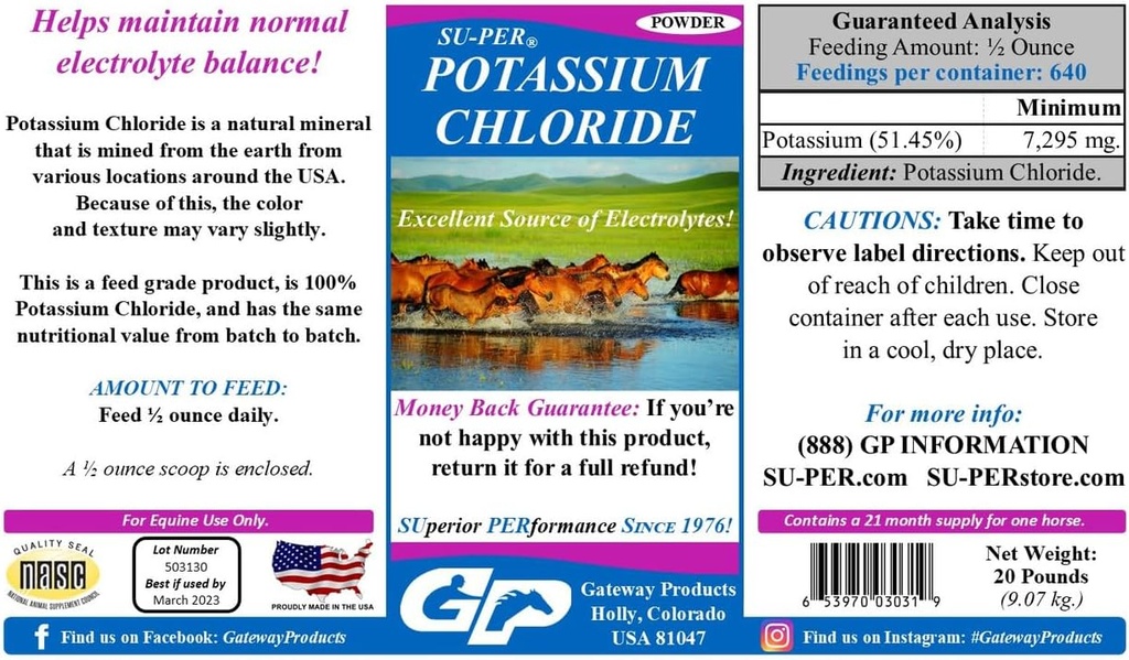 SU-PER Χλωριούχο κάλιο Συμπλήρωμα ηλεκτρολυτών αλόγου - Βοηθά στη διατήρηση της φυσιολογικής ισορροπίας ηλεκτρολυτών - 20 Λίρες, 21 μήνες προσφοράς