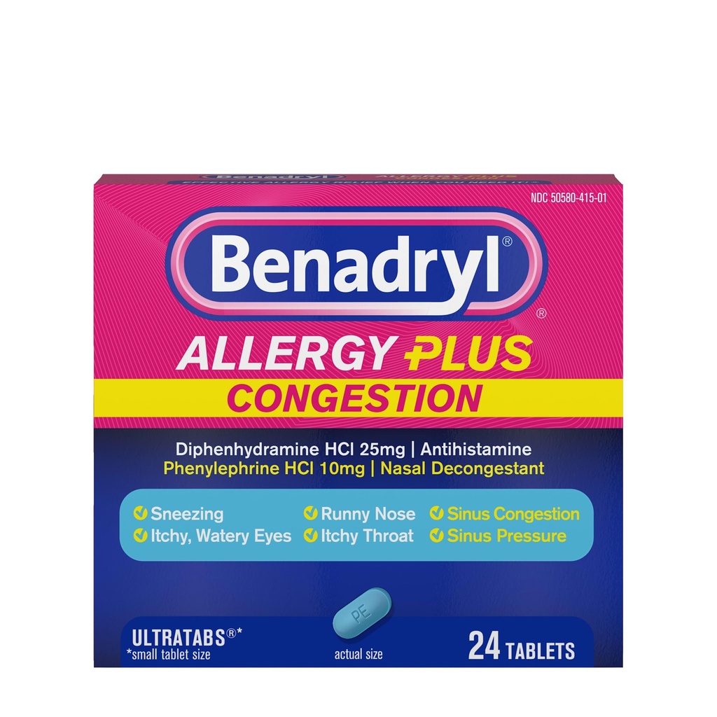Benadryl Αλλεργία Plus Υπεργεύση Ultratabs, Ιατρική με Diphenhydramine HCl Αντιισταμινική & φαινυλεφρίνη HCl Ρινική Αποσυμφορητικό, Αλλεργία & Πνευμονική Συμφόρηση δισκία ανακούφισης, 24 ct