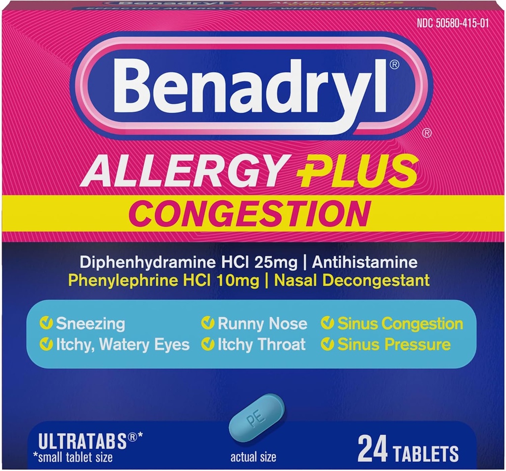 Benadryl Allergy Plus Congestion Ultratabs, Medicine with Diphenhydramine HCl Antihistamine & Phenylephrine HCl Nasal Decongestant, Allergy & Sinus Congestion Relief Tablets, 24 ct