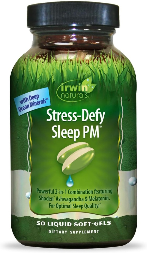 Irwin Naturals Stress-Defy Sleep PM - 50 Liquid Soft-Gels - Ισχυρός συνδυασμός 2-σε-1 με Ashwagandha & Melatonin - 25 εξυπηρετήσεις