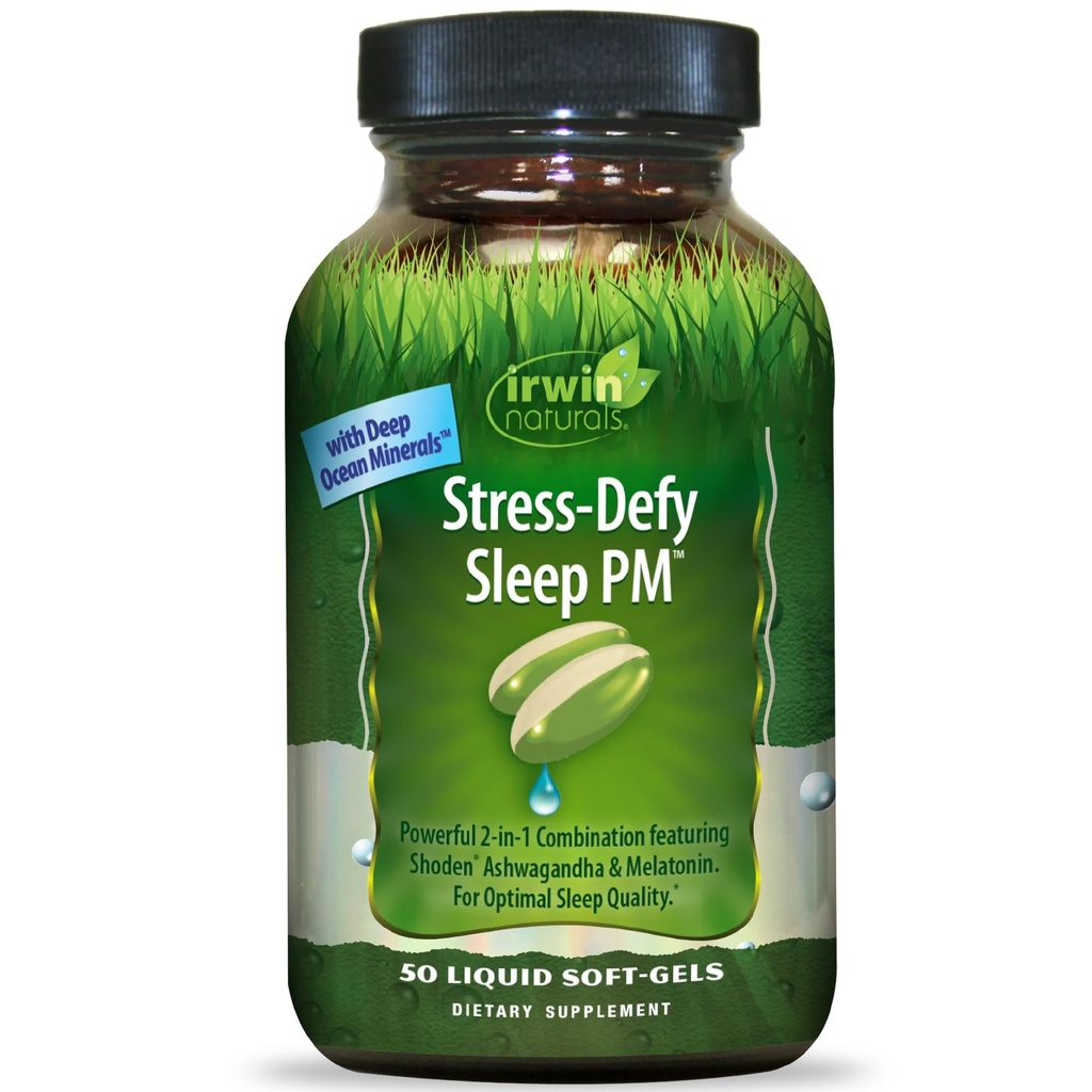 Irwin Naturals Stress-Defy Sleep PM - 50 Liquid Soft-Gels - Ισχυρός συνδυασμός 2-σε-1 με Ashwagandha & Melatonin - 25 εξυπηρετήσεις