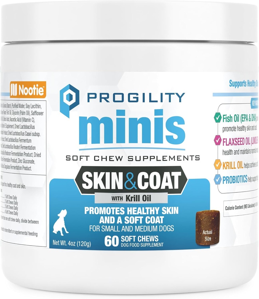 Nootie Progility Mini Skin & Coat συμπλήρωμα για μικρά σκυλιά, Fish Oil υποστηρίζει υγιή δέρμα & παλτό, 60 μαλακά μάσημα ανά εμπορευματοκιβώτιο