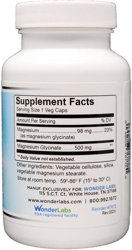 Wonder Laboratories Μαγνήσιο Γλυκινικό 500mg, 100% Χηλικό για Ανώτερη Απορρόφηση, Μη ΓΤΟ, Όχι Γλουτένη Γαλακτοκομικά & Σόγια, Υποστηρίζει τους μυς, αρθρώσεις, και την υγεία της καρδιάς (120)