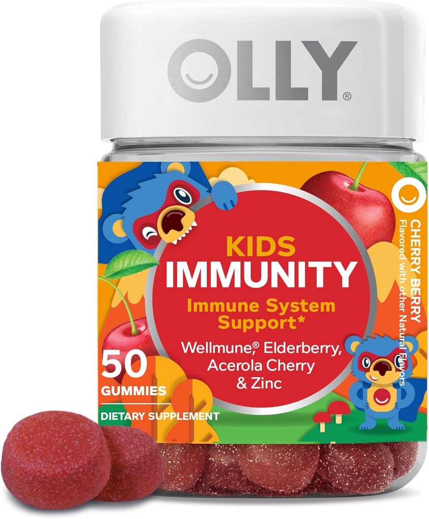 OLLY Kids Immunity Gummy, Immune Support, Wellmune, Elderberry, Vitamin C, Zinc, Chewable Supplement, Cherry - 50 Count
